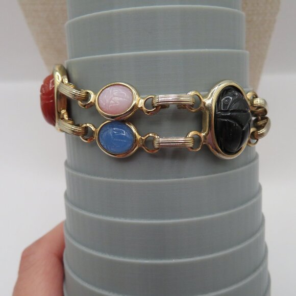 Egyptian Revival Double Strand Scarab Gold Tone Bracelet - Picture 13 of 13